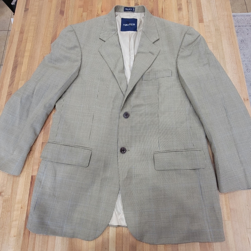 Nautica Mens Blazer Jacket Sz 42R Houndstooth Wool 2 Button Sport Coat